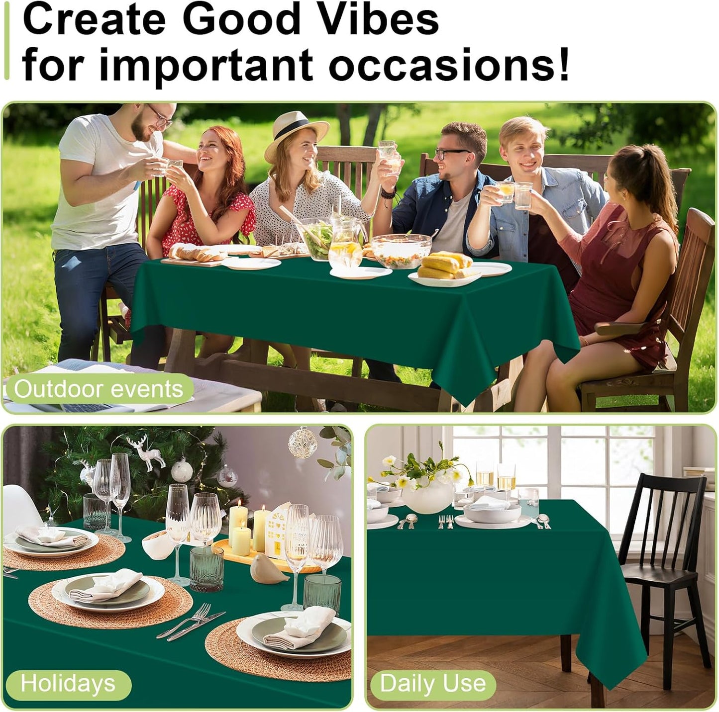 QIKSION 12 Pack Dark Green Plastic Tablecloths, Rectangular, 54 x 108 Inches, Fits 6 to 8 Foot Tables, Disposable, Perfect for Parties, Weddings, Birthdays, and More