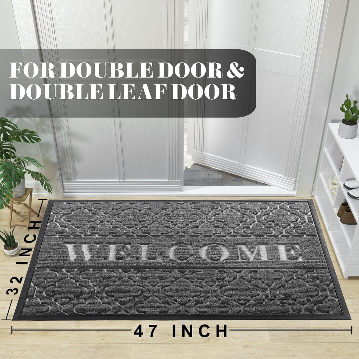 Yimobra Welcome Mat Outdoor Indoor, All-Season Waterproof Front Door Mat Outside Entrance, All-Weather Heavy Duty Non-Slip Doormat, Low Profile Porch Patio Entrance Mats, 47x32, Dark Grey