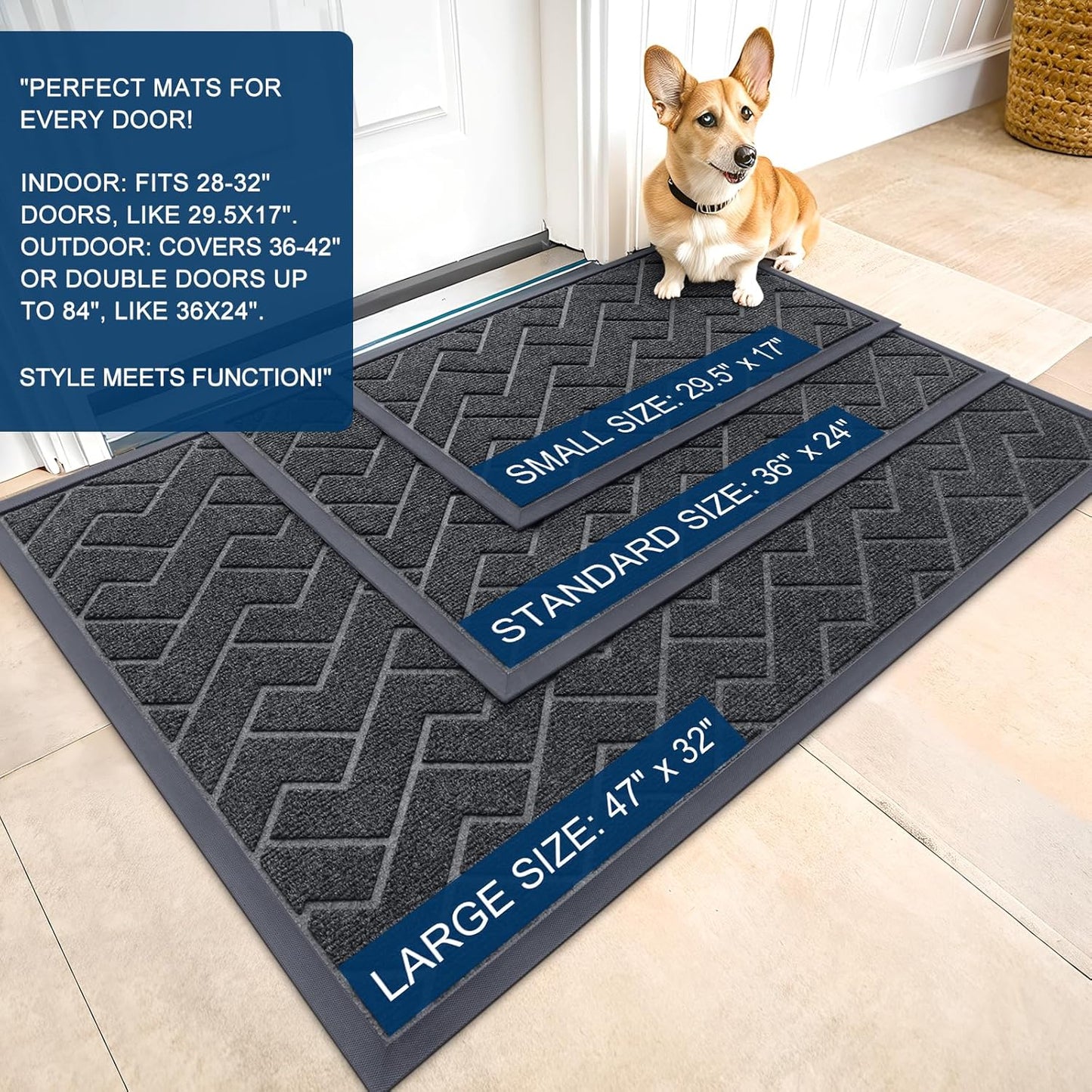 OLANLY Front Door Mat Indoor Outdoor Entrance, Waterproof All-Season, All-Weather Doormat, Sturdy Natural Rubber, Low Profile, Easy Clean Patio Porch Entryway Mat, Herringbone Brick (Grey, 29.5x17)