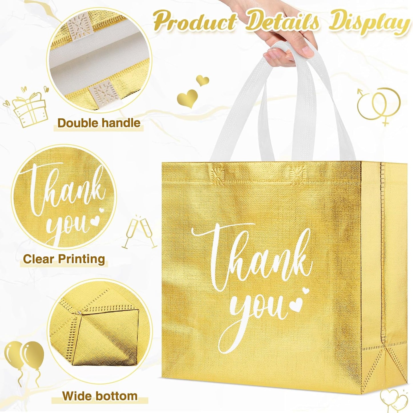Sweetude 30 Pcs Thank You Gift Bags with Handles Bulk Reusable Goodie Bag Non Woven Foldable Handbag for Graduation Wedding Bridesmaid Gifts(11 x 12 x 5 Inch,Gold)