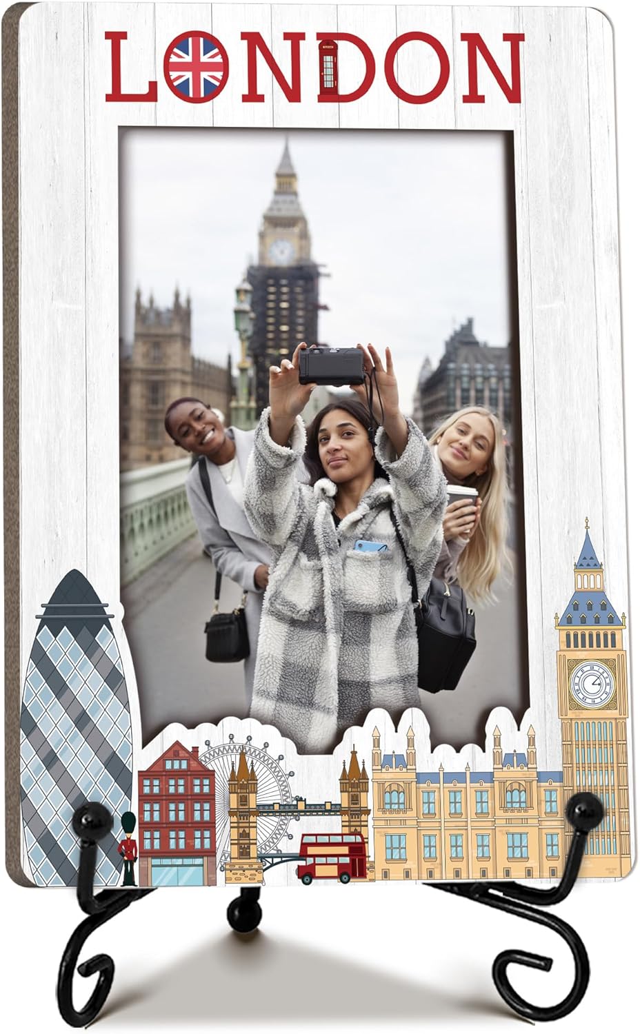London Travel Picture Frame, 5 x 8 London Themed Wooden Photo Frame with Stand, Vacation Anniversary Honeymoon Gifts For Friend Family Couples, Home Office Desk Decorations-A20