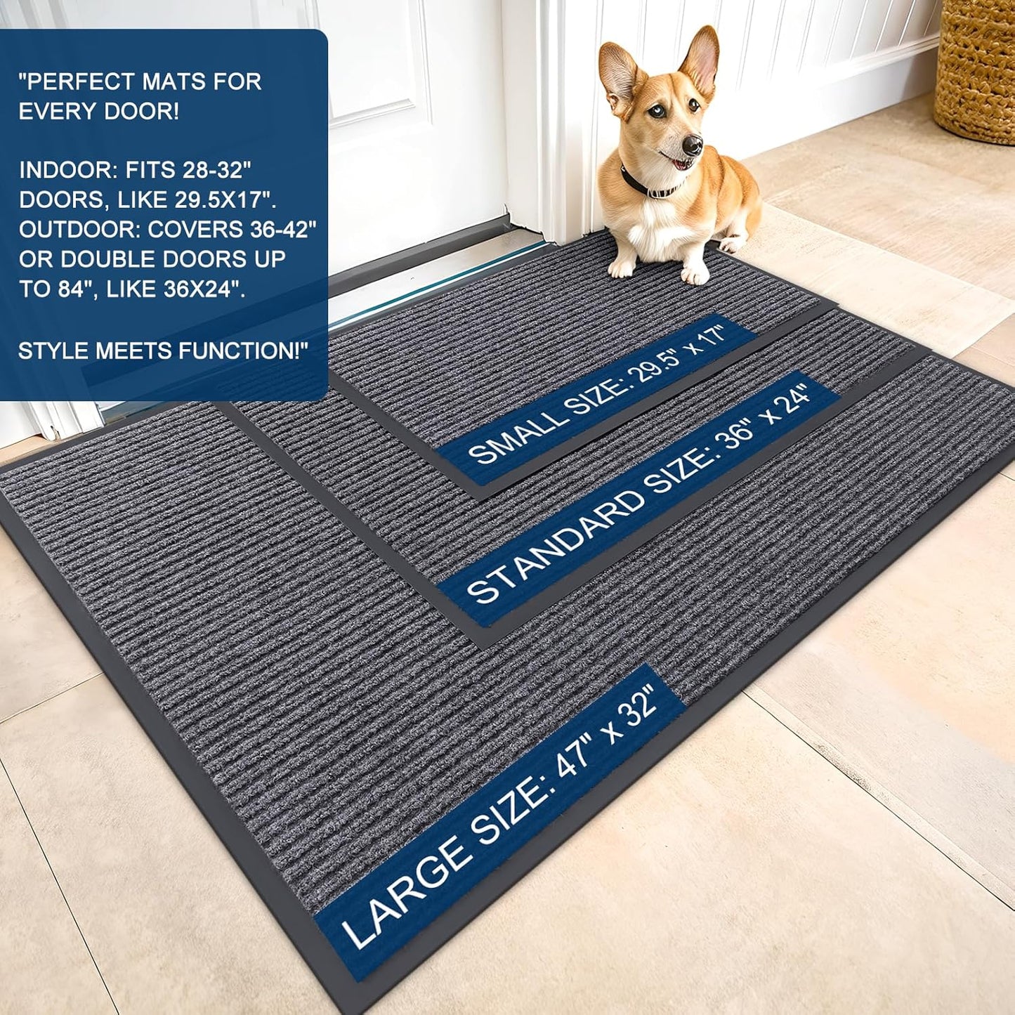 OLANLY Front Door Mat Indoor Outdoor Entrance, Waterproof Heavy Duty Doormat, Fade Resistant, Low Profile, Easy Clean Patio Porch Welcome Floor Mats for Entry, 47x23, Grey
