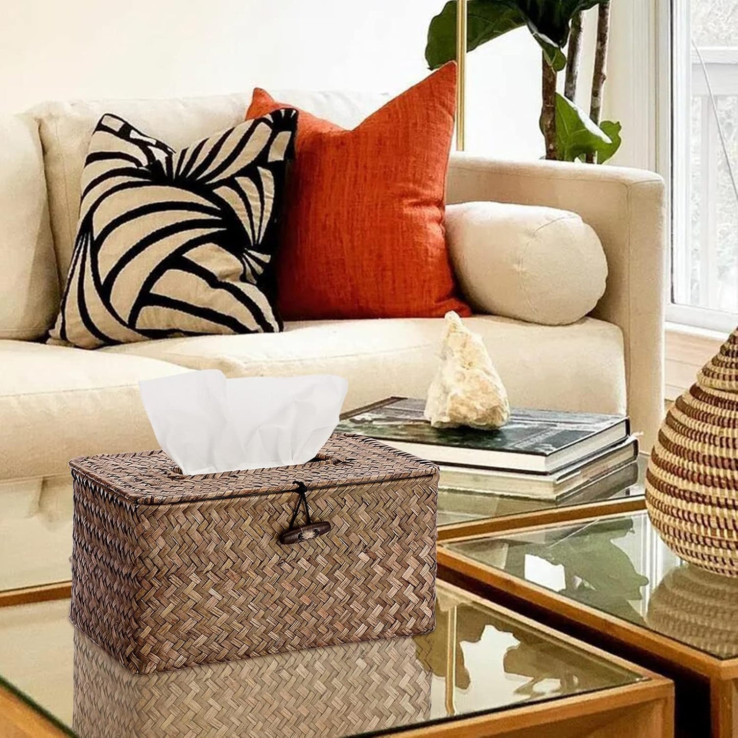 Sumnacon Tissue Box Cover Large Rectangle Tissue Box Seagrass Tissue Box Holder Woven Tissue Holder Decorative Tissue Cover for Bathroom Tissue Box Cover Rectangular for Home Office Table Coffee