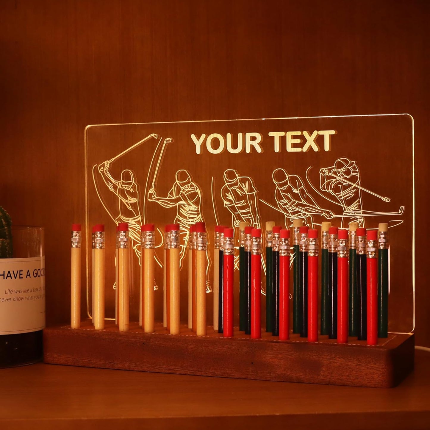 Customized Light Up Golf Pencil Display Case, Wooden Acrylic Accessories with Warm White Lights for Pencil Display and Storage in Homes, Offices, Golf Pro Stores, Golf Museums, and Galleries