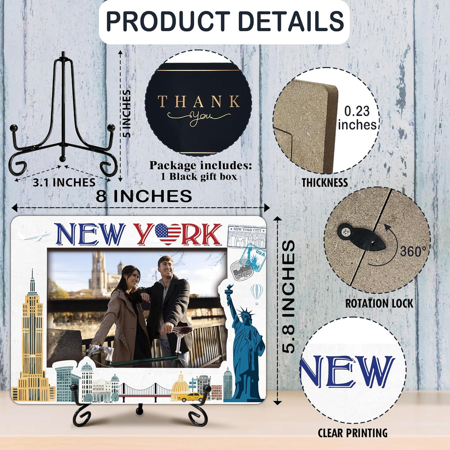 New York Travel Picture Frame, 5 x 8 New York Themed Wooden Photo Frame with Stand, Vacation Anniversary Honeymoon Gifts For Friend Family Couples, Home Office Desk Decorations-A17