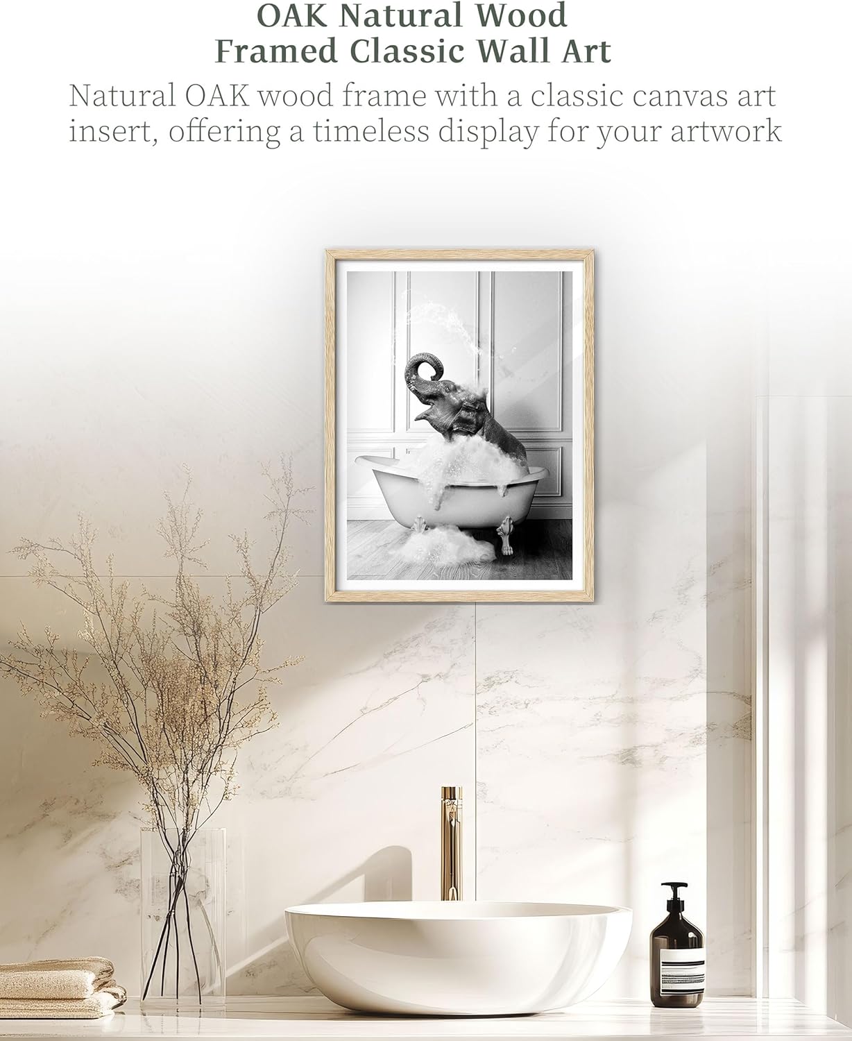 iHery Natural OAK Wood Framed Wall Art, 12x16 in Funny Bathroom Wall Art Decor, Elephant Bathing Animals Canvas Prints, Black and White Wall Decor Pictures For Bedroom Living Room Set of 1