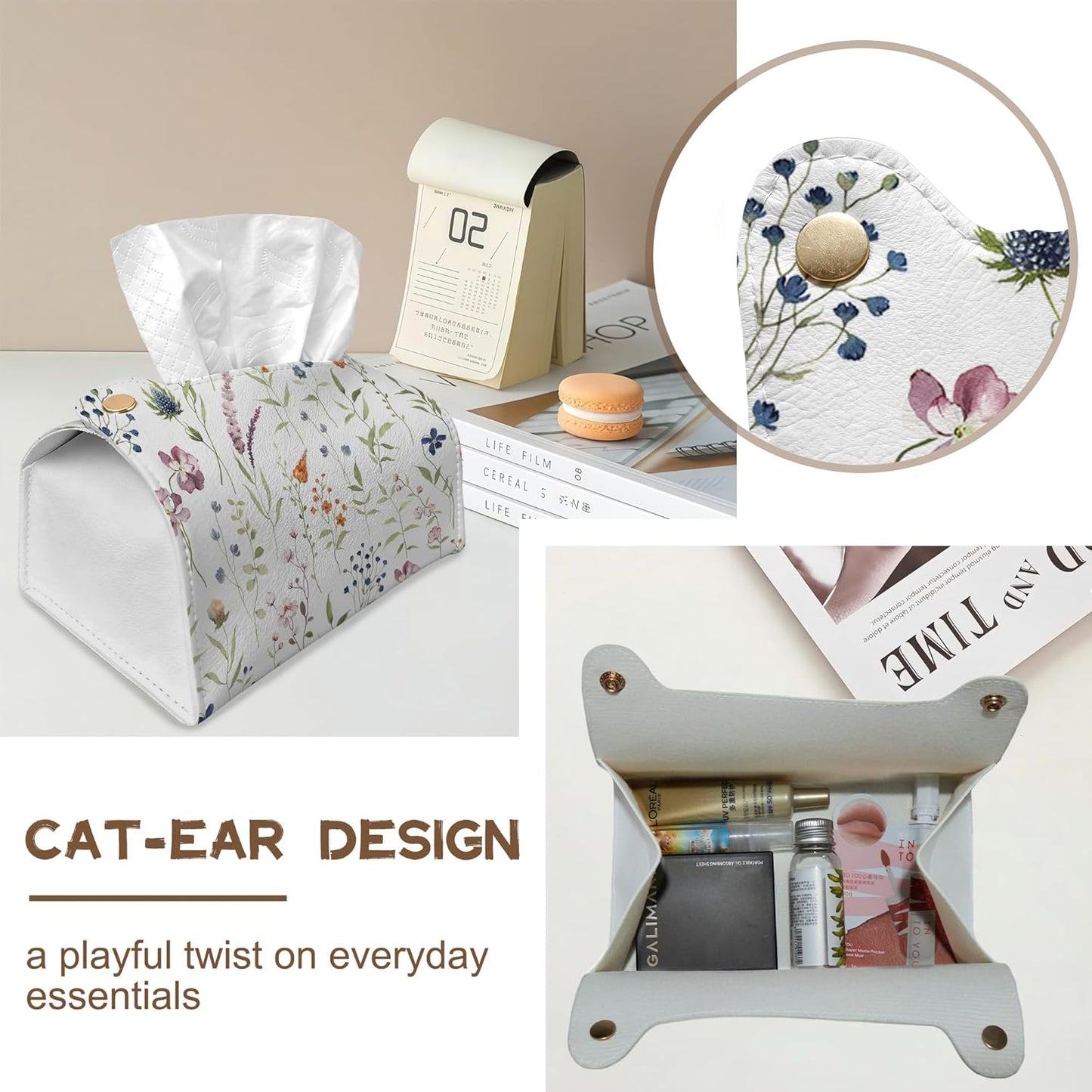 Watercolor Wildflowers Tissue Box Cover Holder – Rectangular Tissue Organizer, Decorative Napkin Box Case for Home, Office & Car