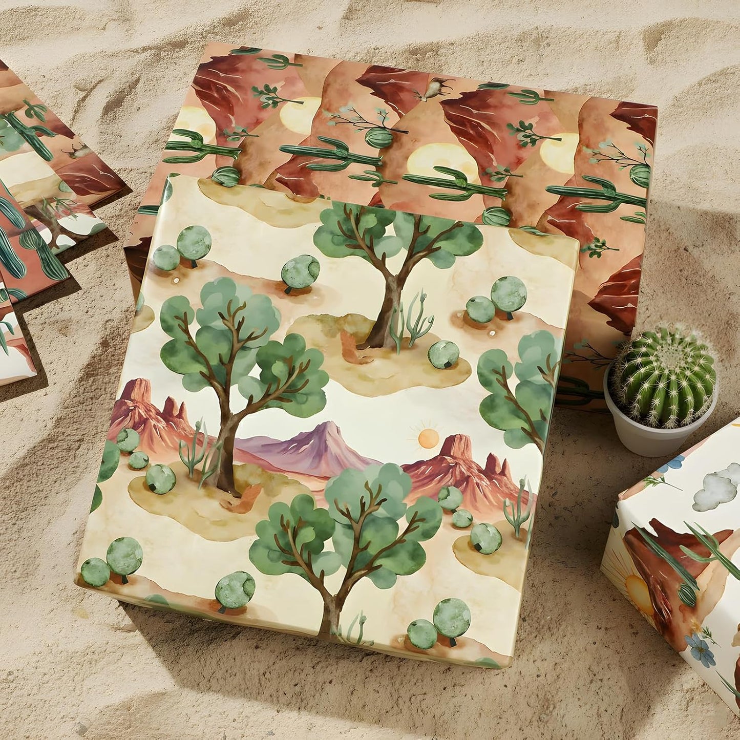 Pineraap Desert Wrapping Paper 12 Sheets Cactus Weatern Design Gift Wrap for Birthday,Holiday,20"×28"