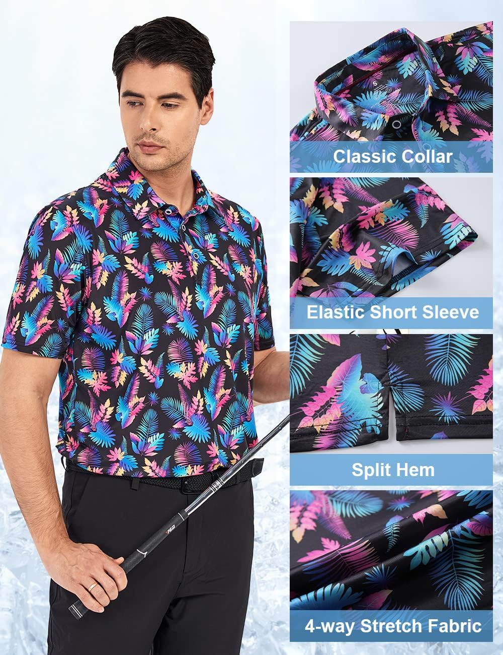 Hodaweisolp Golf Shirts for Men Dry Fit Print Moisture Wicking Performance Short Sleeve Polo Shirt