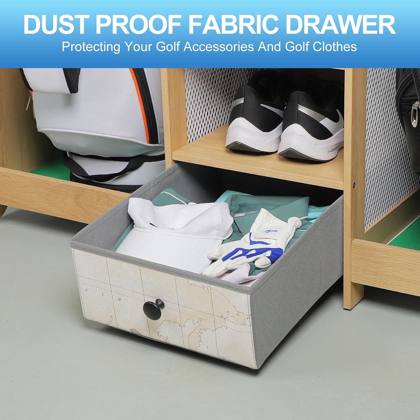 Golf Bag Storage Organizer for Garage, Premium Wooden 2 Golf Bags Rack with Drawer, Easy Assemble Golf Club Stand/Holder Suitable for Garage Home Simulator and Office