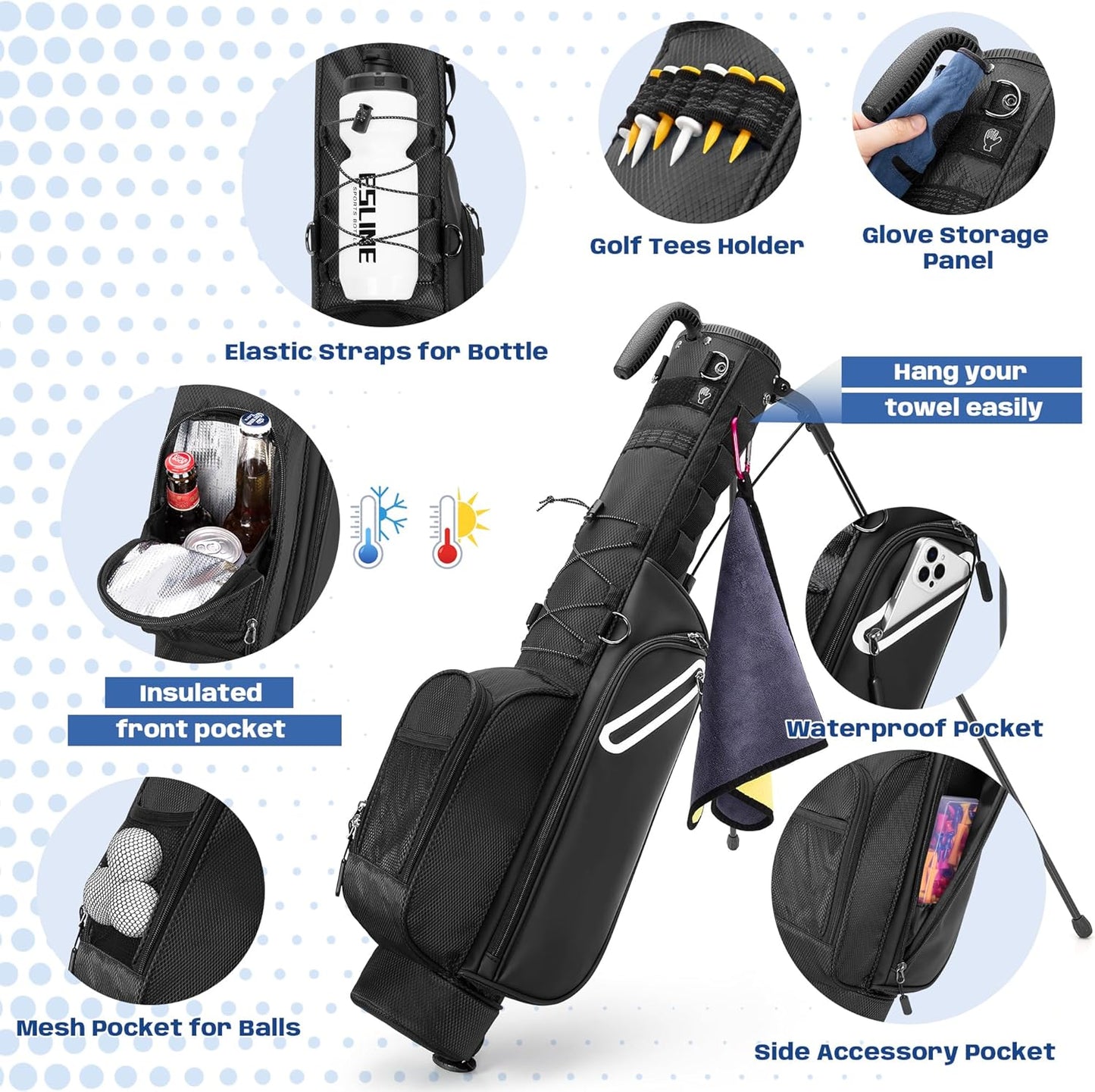 Golf Stand Bag Fit Up to 7 Clubs, Compact Design for Par 3 Courses and Driving Range, Lightweight Pitch and Putt Golf Bag, with Padded Double Strap, Rain Cover, Accessory Pockets