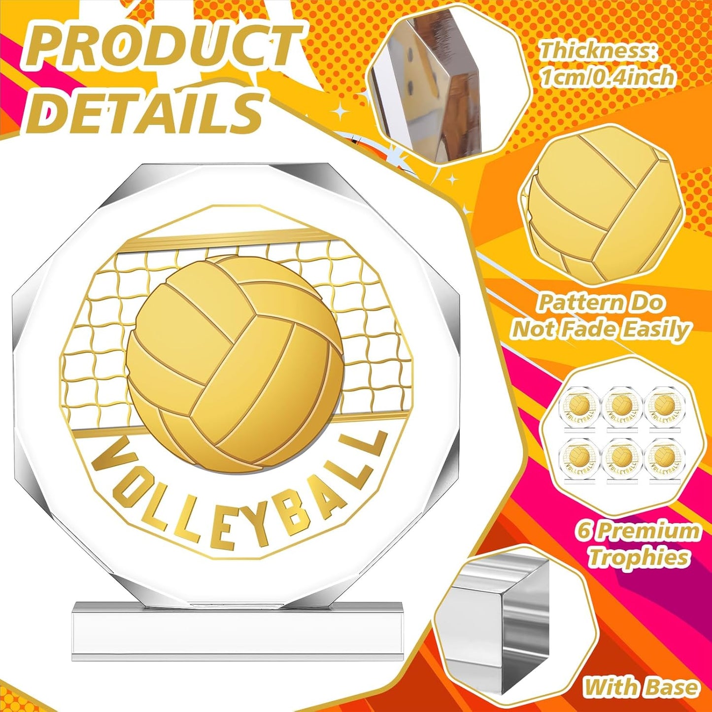 6 Pack Sports Trophy Acrylic Award Medals 4.72 x 4.72 Inch Sports Contest Trophies Bulk Plaques Team Prize Gift Trophies for Competition