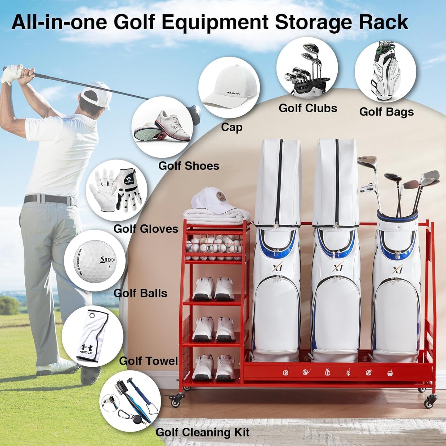 Lauren&Harold Golf Bag Organizer Garage Storage, Golf Storage Rack Stand Fits 2 Golf Bags, Golf Clubs and Other Golfing Equipment Accessories, Golf Organizer for Garage, Club, Shed, Basement