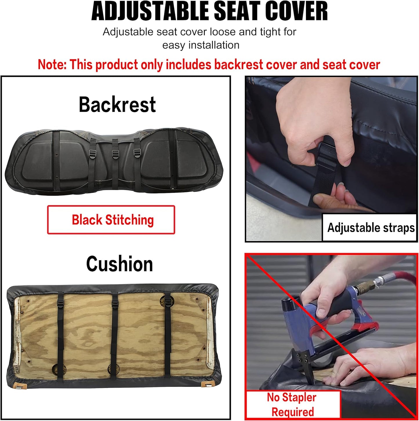 NOKINS Golf Cart D Diamond Seat Cover for Golf Cart Club Car DS Original Regular Seat Cushion, No Stapler, Golf Cart Vinyl Replacement Front Seat Cover Black Stitching