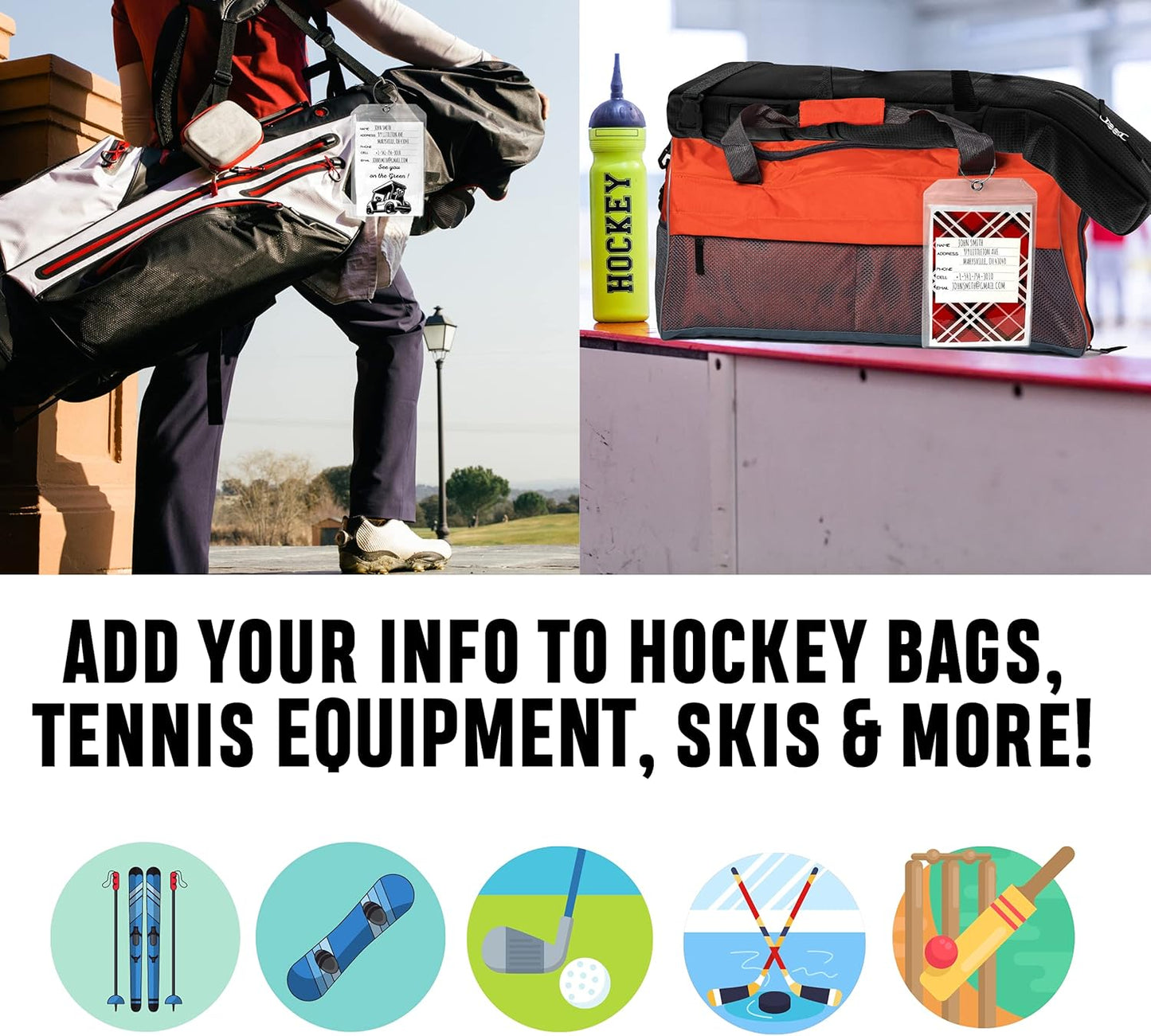 Golf Luggage Tag - Set of 2 Bag Tags Set Extra Large 9" x 6" - Plastic Waterproof Zipper Pouch - PVC Baggage Tag Sleeve for Travel & Shipping Golf Bag - Sealable Personalized Ship Sticks Insert