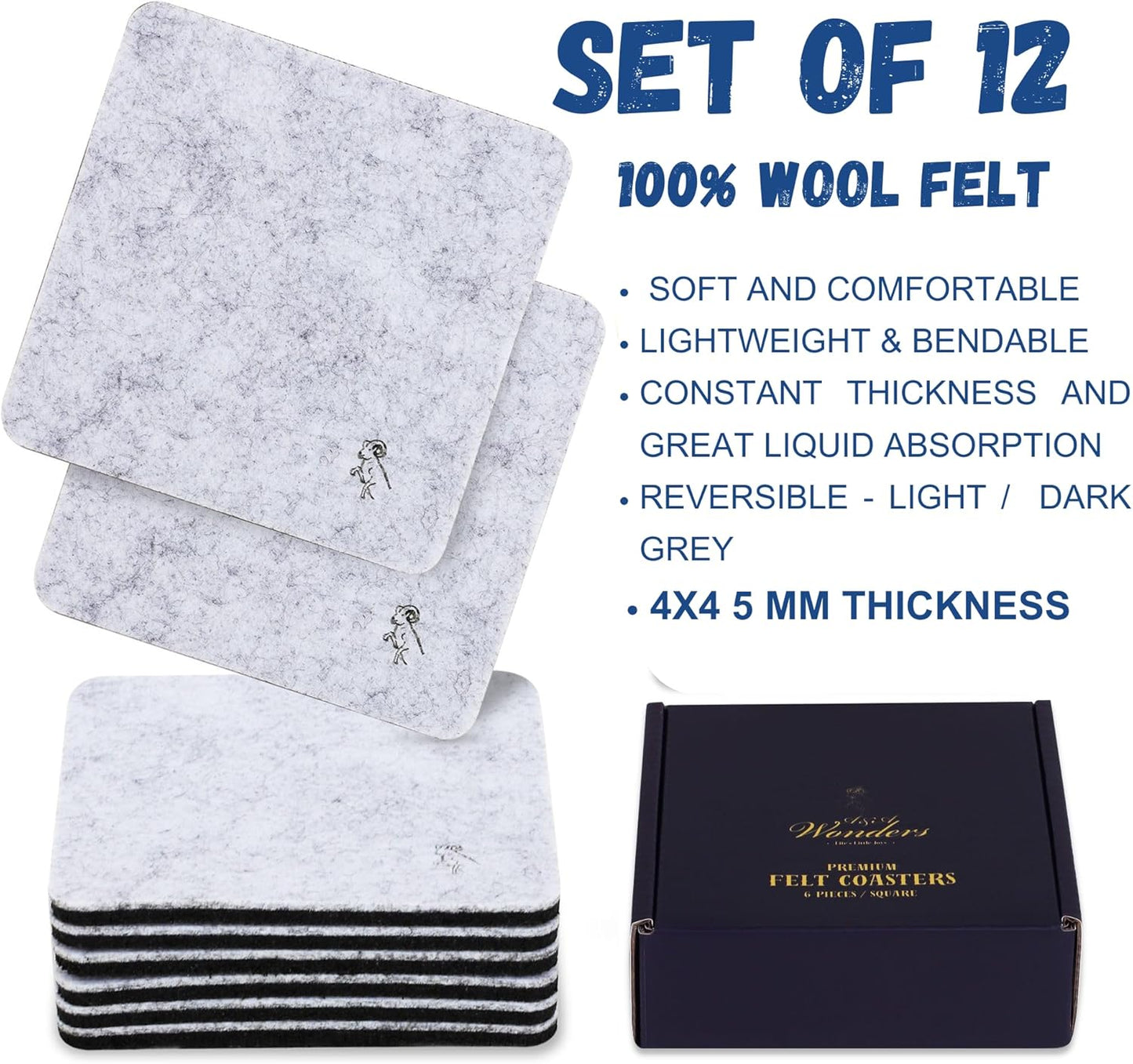 A&A Wonders Premium Felt Coasters for Drink, Two-Tone Reversible, Absorbent Felt Protects Furniture, Table, Anti Slip, Suitable for Drinks & All Table Types (Light Gray/Dark Gray, Square 12 Pack)