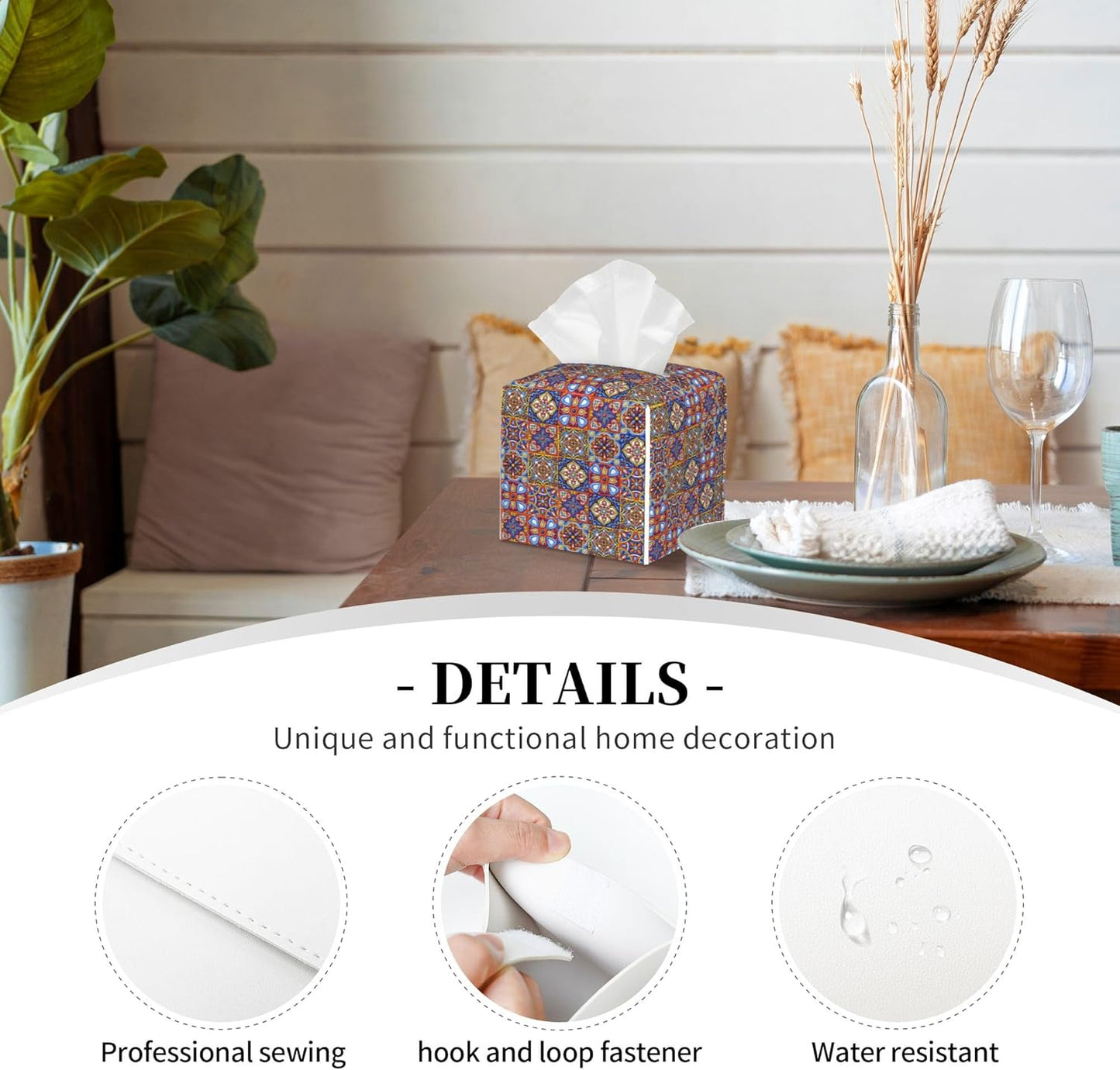 Mexican Talavera Ceramic Tile Tissue Box Cover Square, Retro Boho Flowers Tissue Box Holder Waterproof Leather Facial Paper Organizer Dispenser for Bathroom Home Car Nightstand Vanity Desk