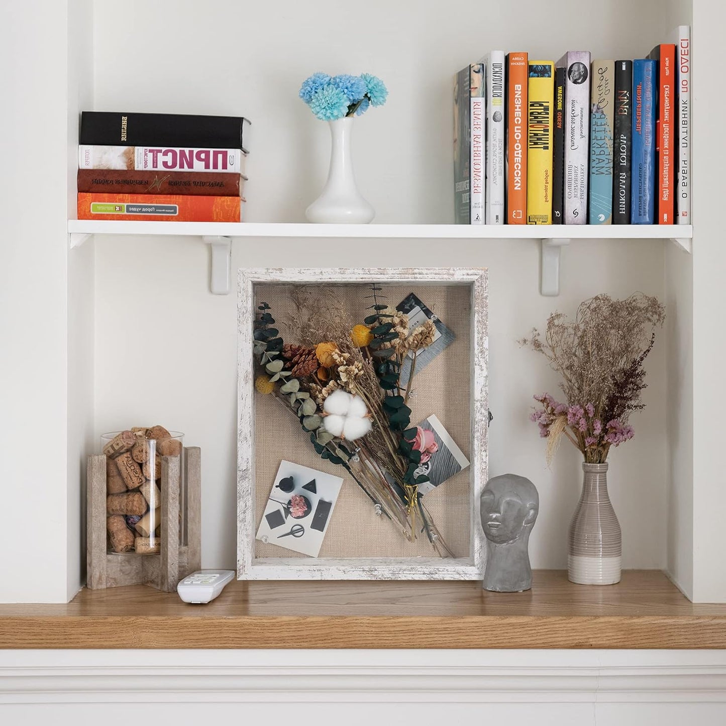 GraduatePro Shadow Box Frame 11x14 Display Case with Linen Back, Real Glass Window Door with Hinge, Picture Frame Wedding Bouquet Memorabilia Medals Photos Memory Box for Keepsakes, Rustic White