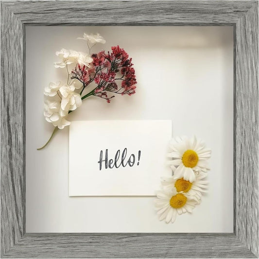 FrameWorks 8x8 Driftwood Wooden Shadow Box Frame – Soft Felt Back, Tempered Glass, and Included Elegant White Ball Push Pins