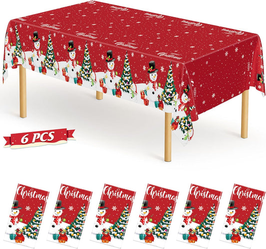 QZYL 6 Pack Christmas Tablecloths, 54" x 108" Holiday Rectangle Tablecloth, Snowman Design Holiday Plastic Table Cloth Disposable Tablecover, Christmas Party Supplies Xmas Home Decor