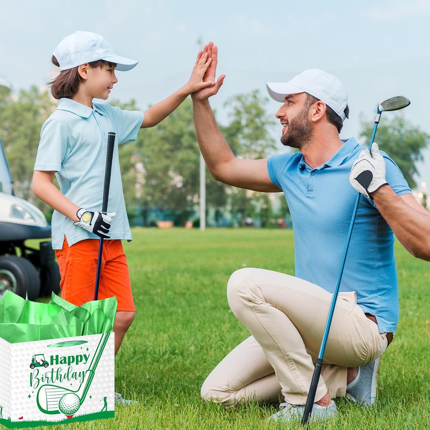 Luvsweets Golf Birthday Gift Bag - Green Gift Wrapping Bag with Tissue Paper and Greeting Card for Men Boys, Golf Party Favors, Sports Themed Birthday Decorations Supplies