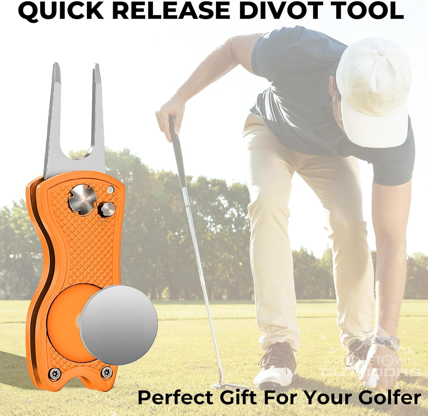 Golf Divot Tool with Magnetic Ball Marker, Multifunctional Divot Tool, Foldable Fork,Fix Divots, Clean Clubs and Cleats, U Shape Bottom can Hold Club