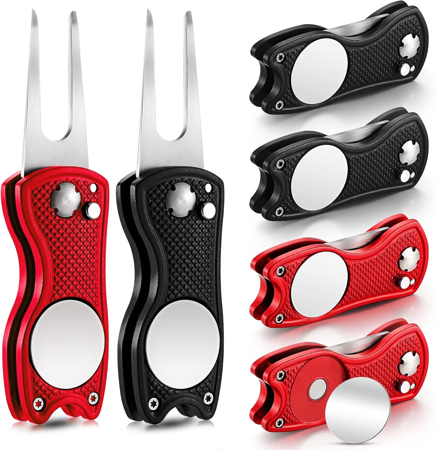 6 Packs Golf Repair Tool Stainless Steel Foldable Golf Divot Tool Magnetic Button Ball Marker