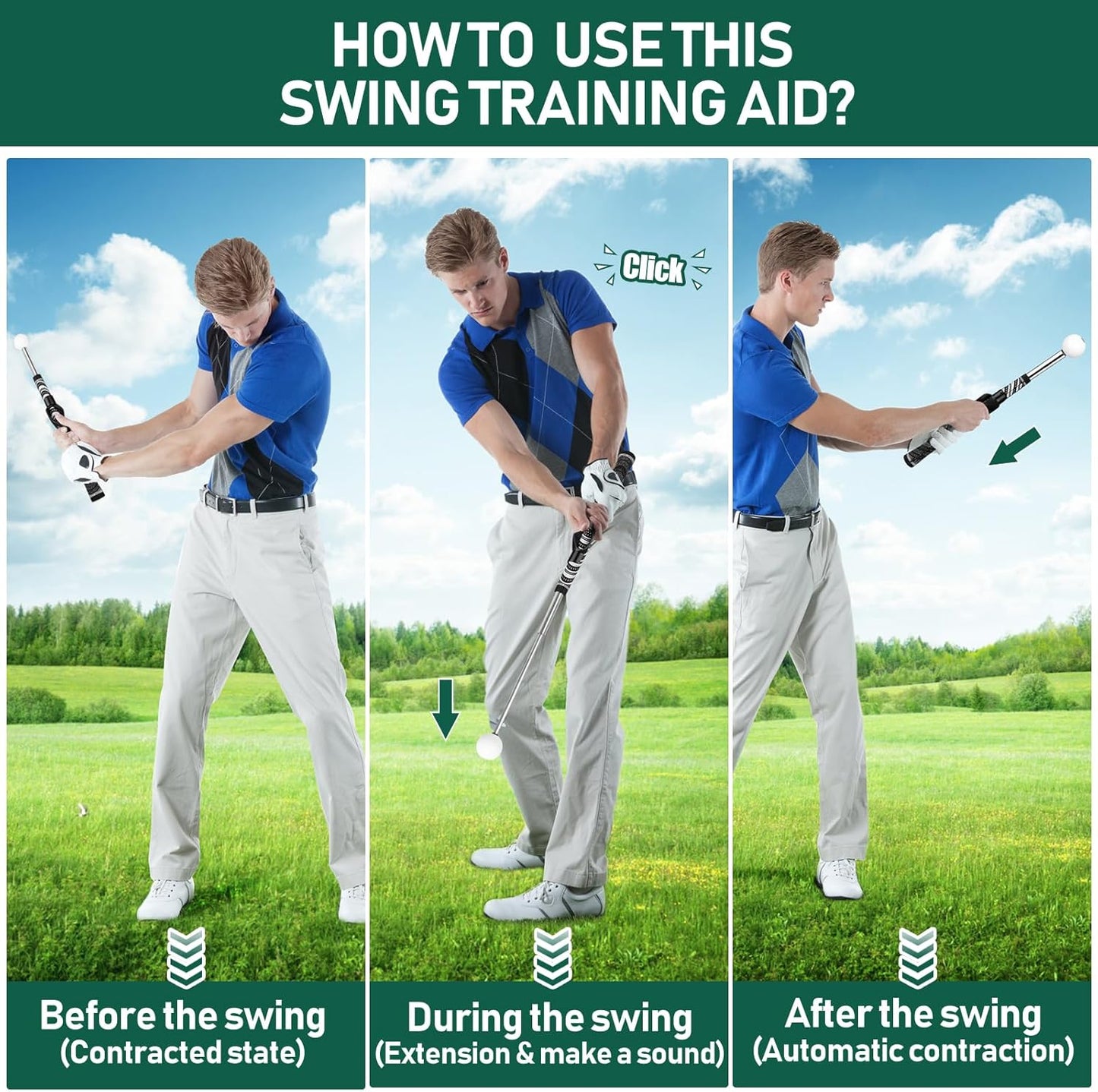 Golf Grip Swing Training Aid - Retractable Click Club Trainer Indoor Practice Warm Up Stick Flexible Telescopic Short Club Tempo Sound Release Trainer Devices