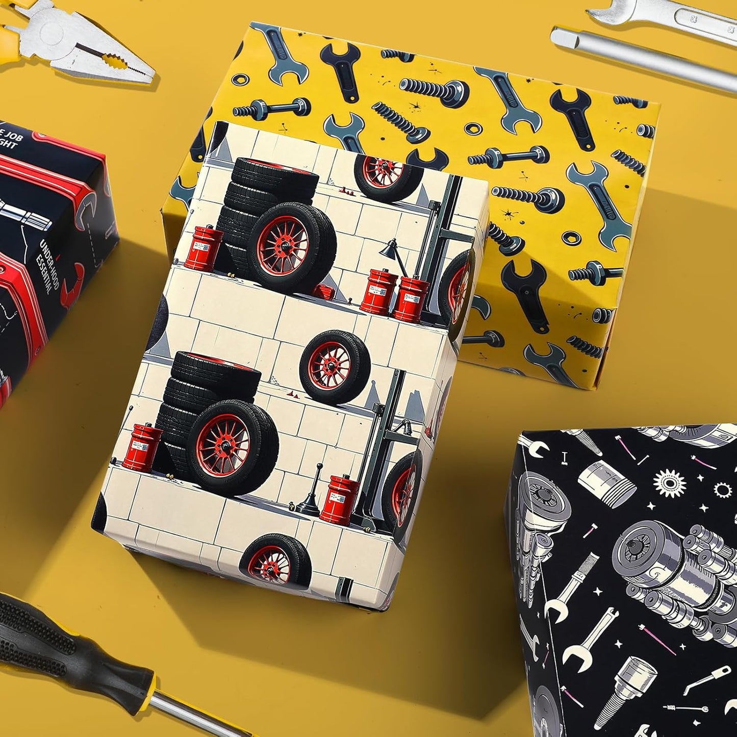 Pineraap Tools Wrapping Paper 12 Sheets Mechanic-Themed Designs Gift Wrap for Car Enthusiasts,Mechanics,DIYers,20"×28"