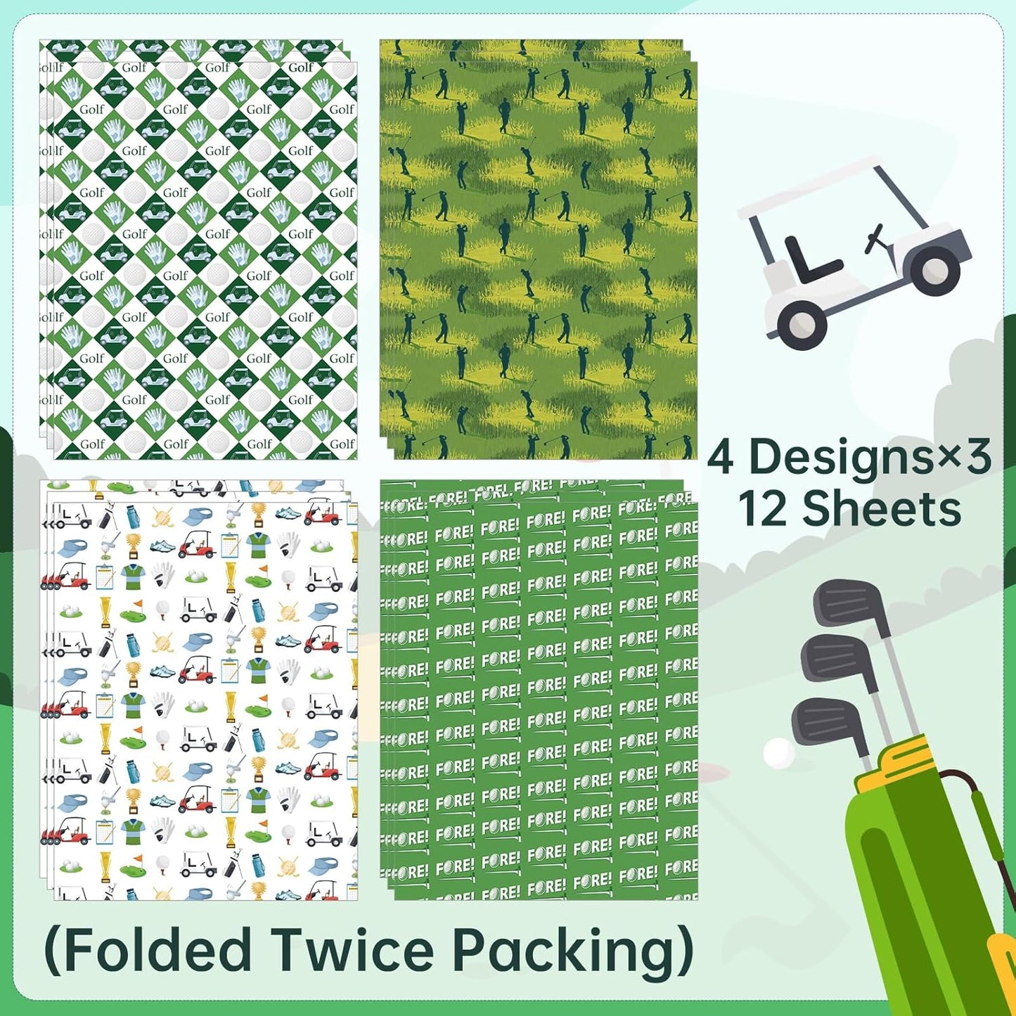 Golf Wrapping Paper 12 Sheets Carts Bags Fore Designs Gift Wrap for Golf Lovers, Players, Coaches, 20"×28"
