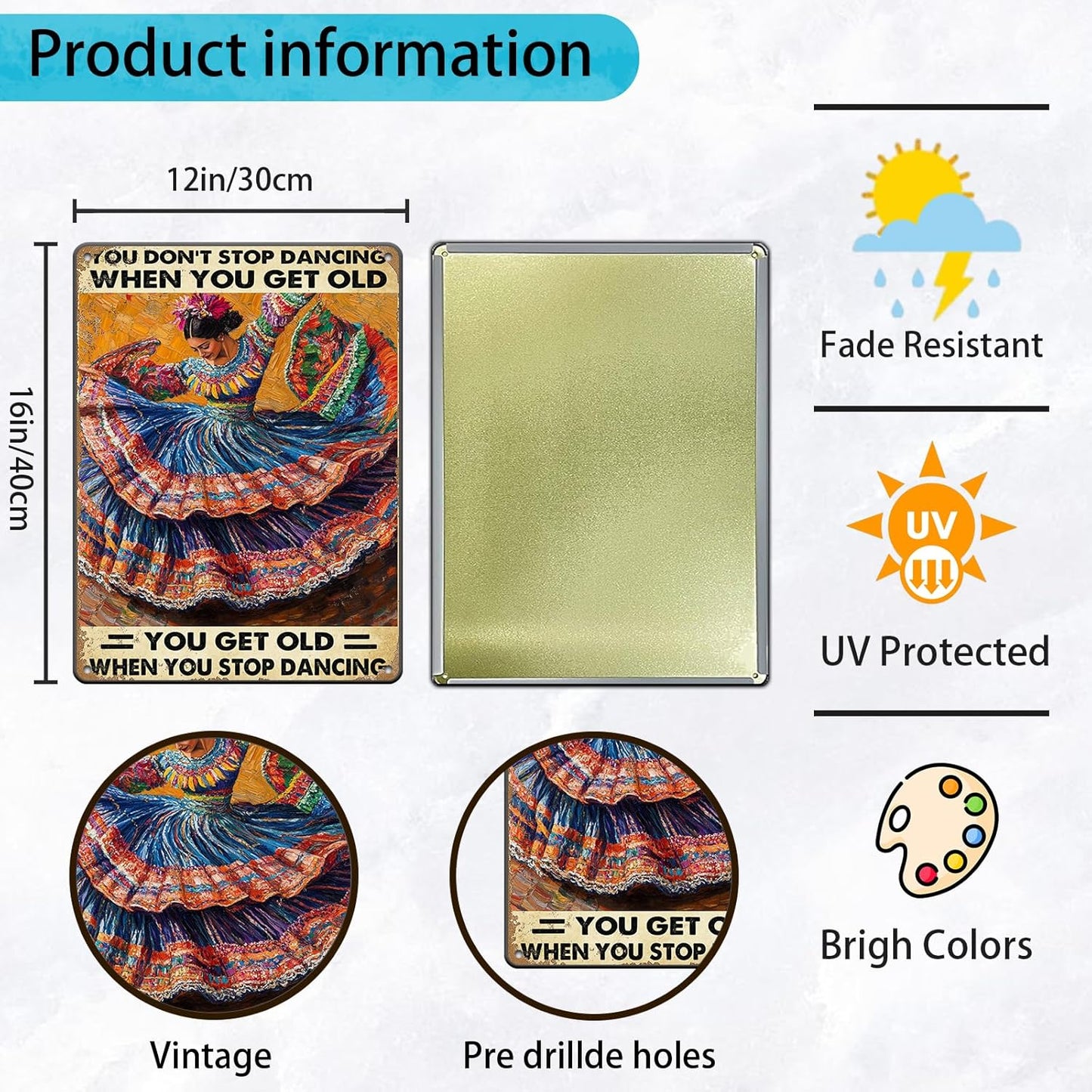 Vintage Tin Metal Poster Sign Mexican Dancing You Don't Stop Dancing When You Get Old Retro Wall Art Decor Iron Painting for Home Kitchen Cafe Pub 12x16 Inch