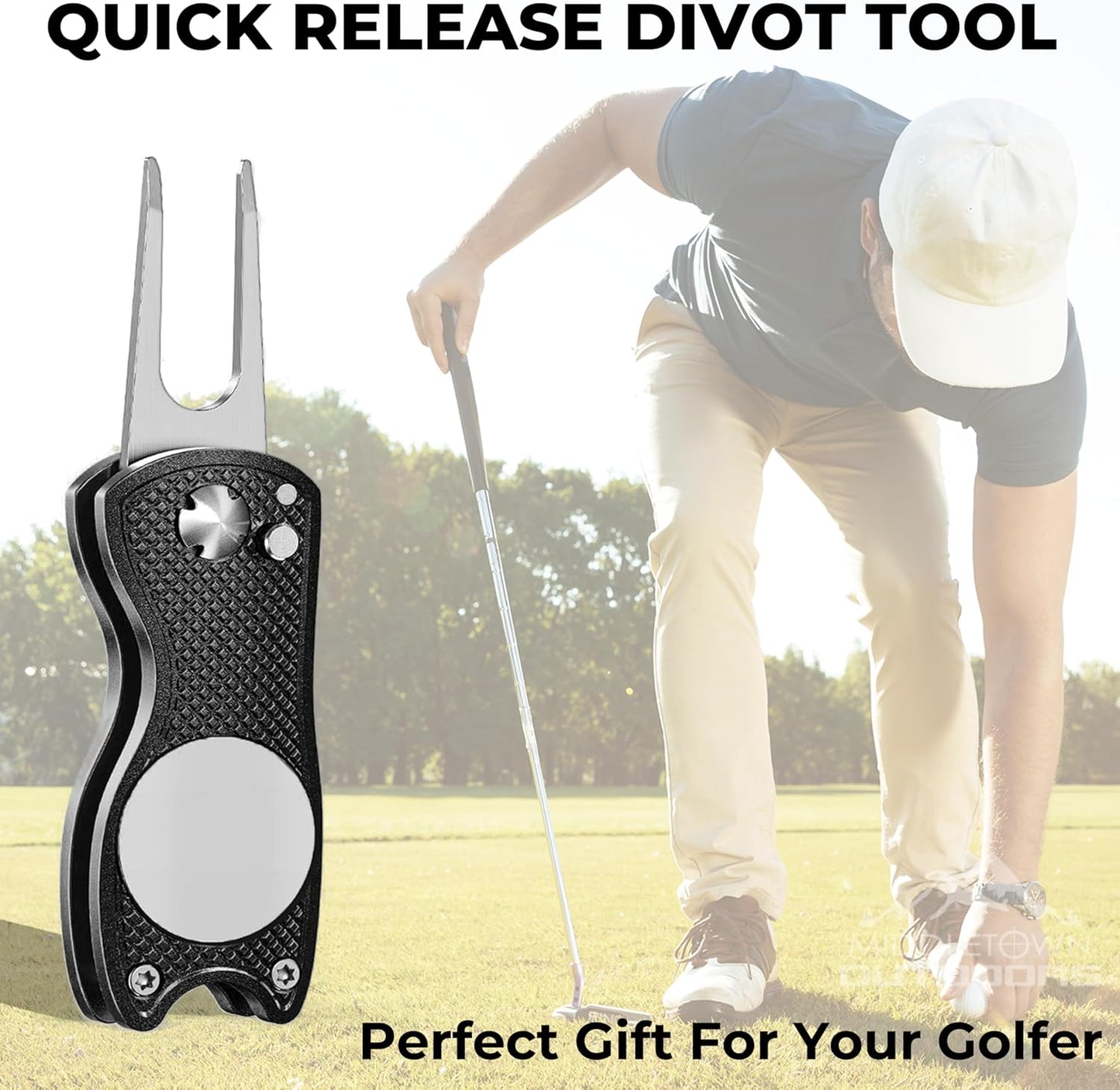 Golf Divot Tool with Magnetic Ball Marker, Multifunctional Divot Tool, Foldable Fork,Fix Divots, Clean Clubs and Cleats, U Shape Bottom can Hold Club