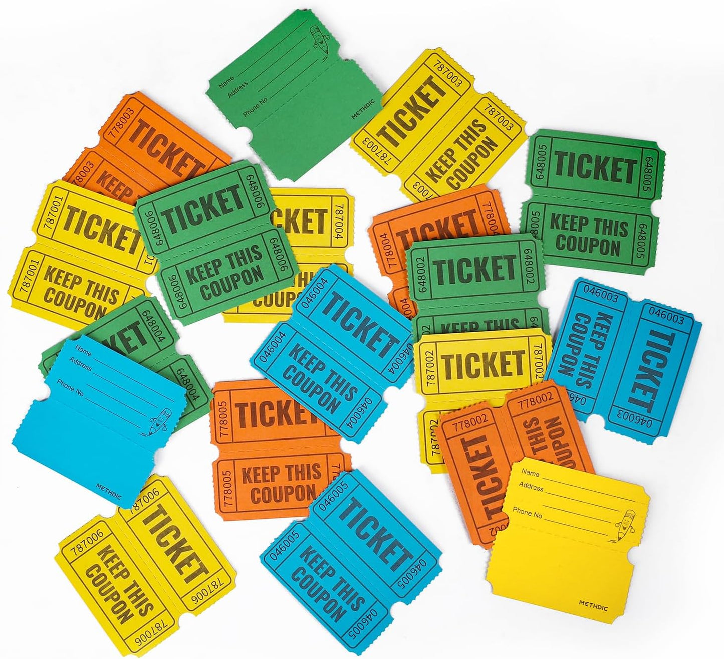 2000 Methdic Golden Raffle Tickets (4 Color Selection), Double Roll, Ticket for Events, Entry, Class Reward, Fundraiser & Prizes