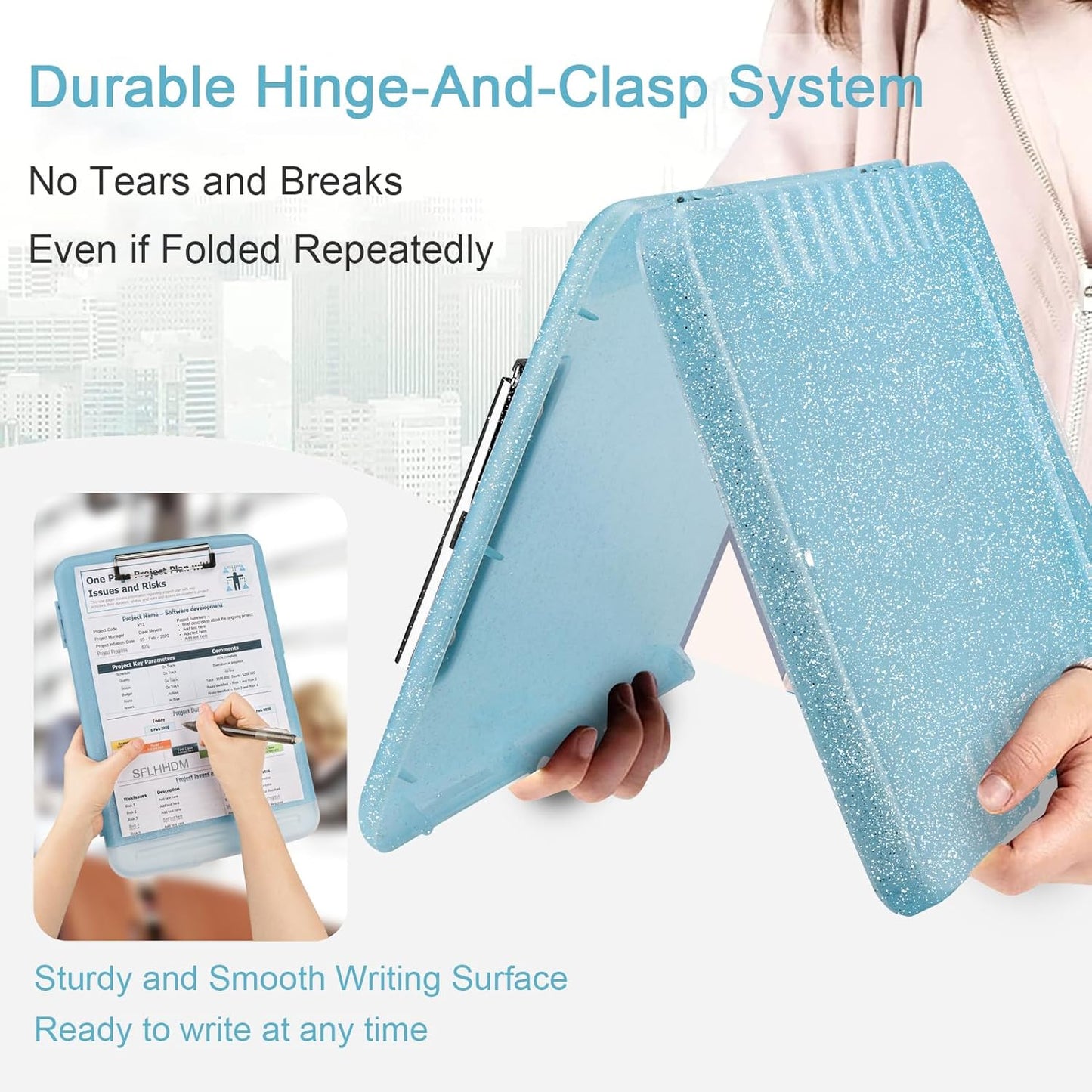 Glitter Clipboard with Storage,Storage Clipboard with Pen Holder,A4 Binder Clip Boards 8.5x11 with Low Profile Clip,Side Opening Sparkle Clipboards, Clipboards Folder for Office Supplies-Aqua Blue