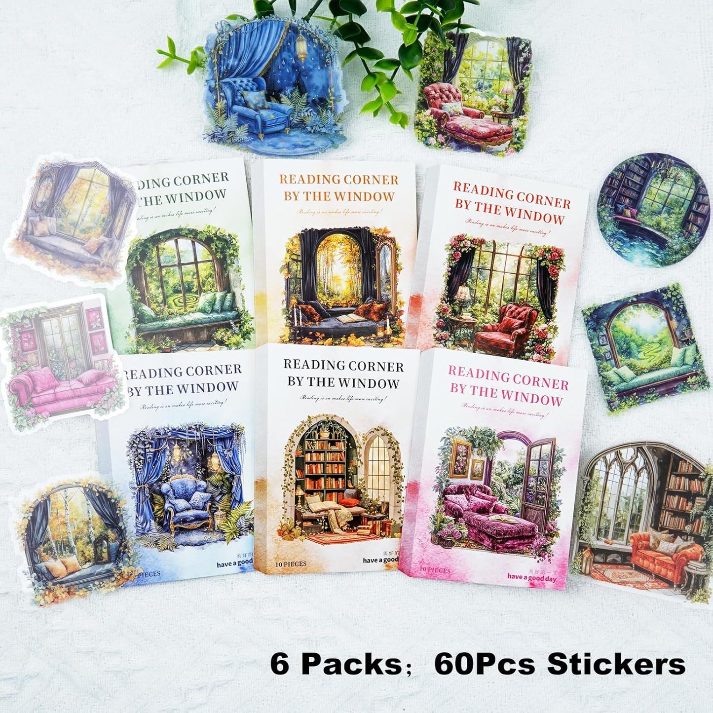 Window Reading Corner PET Sticker Set, 60PCS Cozy Room Scene Stickers for Scrapbooking, Journaling, DIY Crafts and Gift Decoration