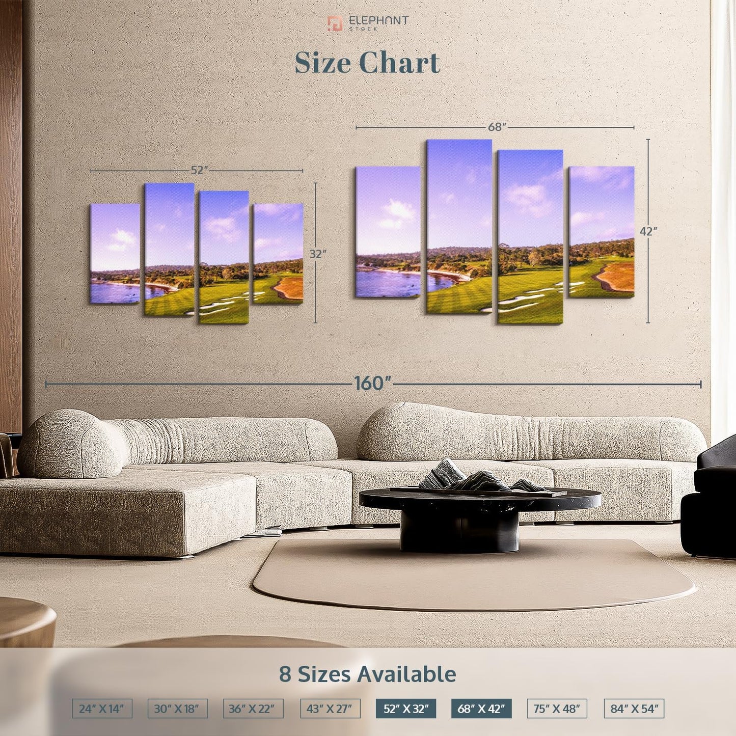 Elephant Stock Coastline Green Golf Course Wall Art - Horizontal Canvas - 4-Piece Living Room Wall Decor - Photography Sports Canvas Print - Blue and Gray Decor for Wall - 68" X 42"