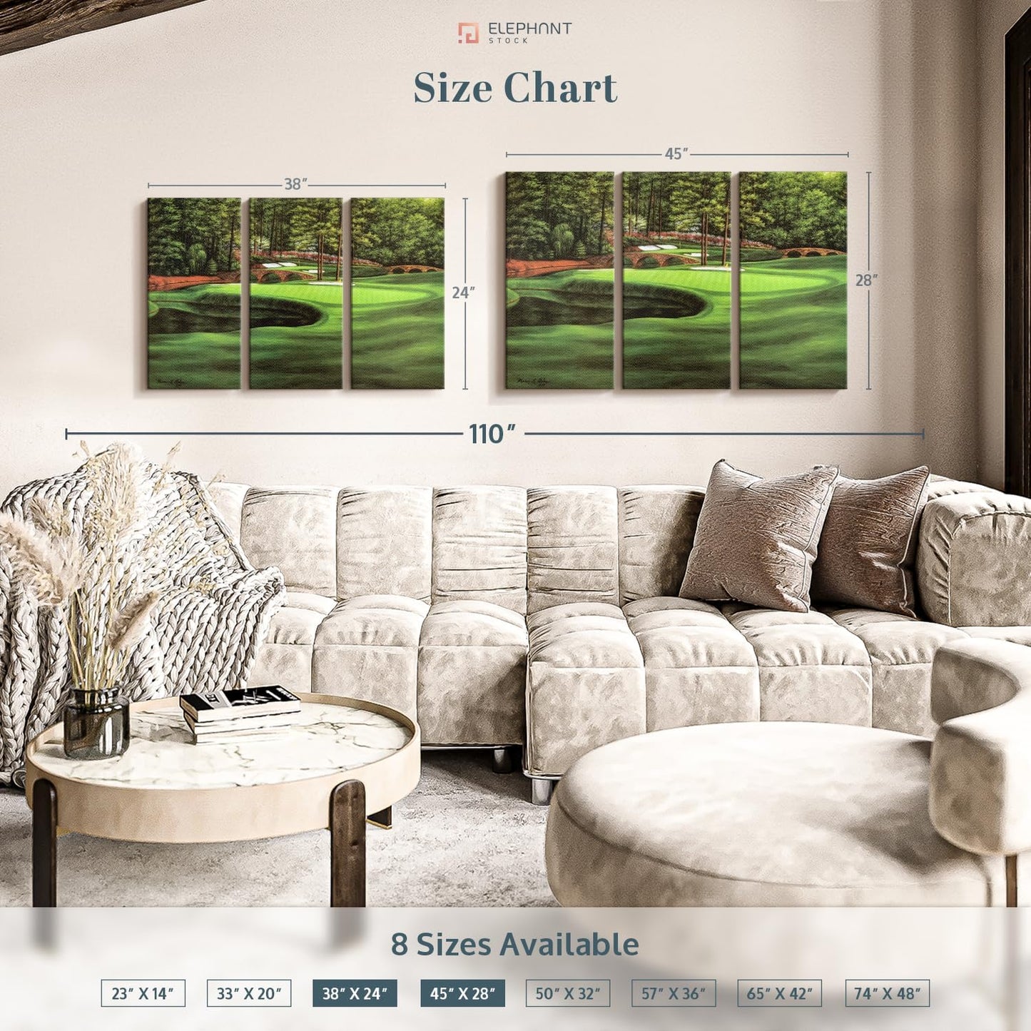 ElephantStock Augusta National 11th Hole I Wall Art - Horizontal Canvas - 3-Piece Living Room Wall Decor - Painting Sports Canvas Print - Green and Brown Decor for Wall by Marci Rule - 45" X 28"