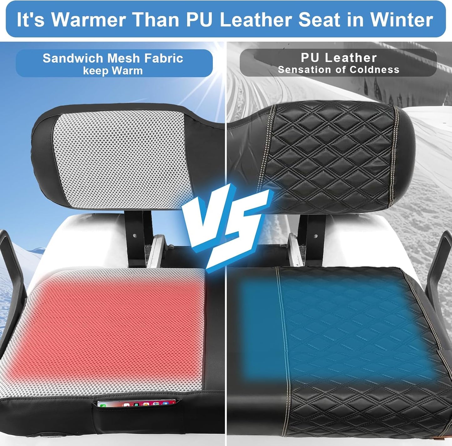 MOSNAI EZGO RXV Seat Cover, Golf Cart Front Seat Cover Fit for EZGO RXV OEM Ordinary Seat Cushion, Breathable Polyester Mesh Cloth and Leather Combination Appearance, No Need Detaching Armrests