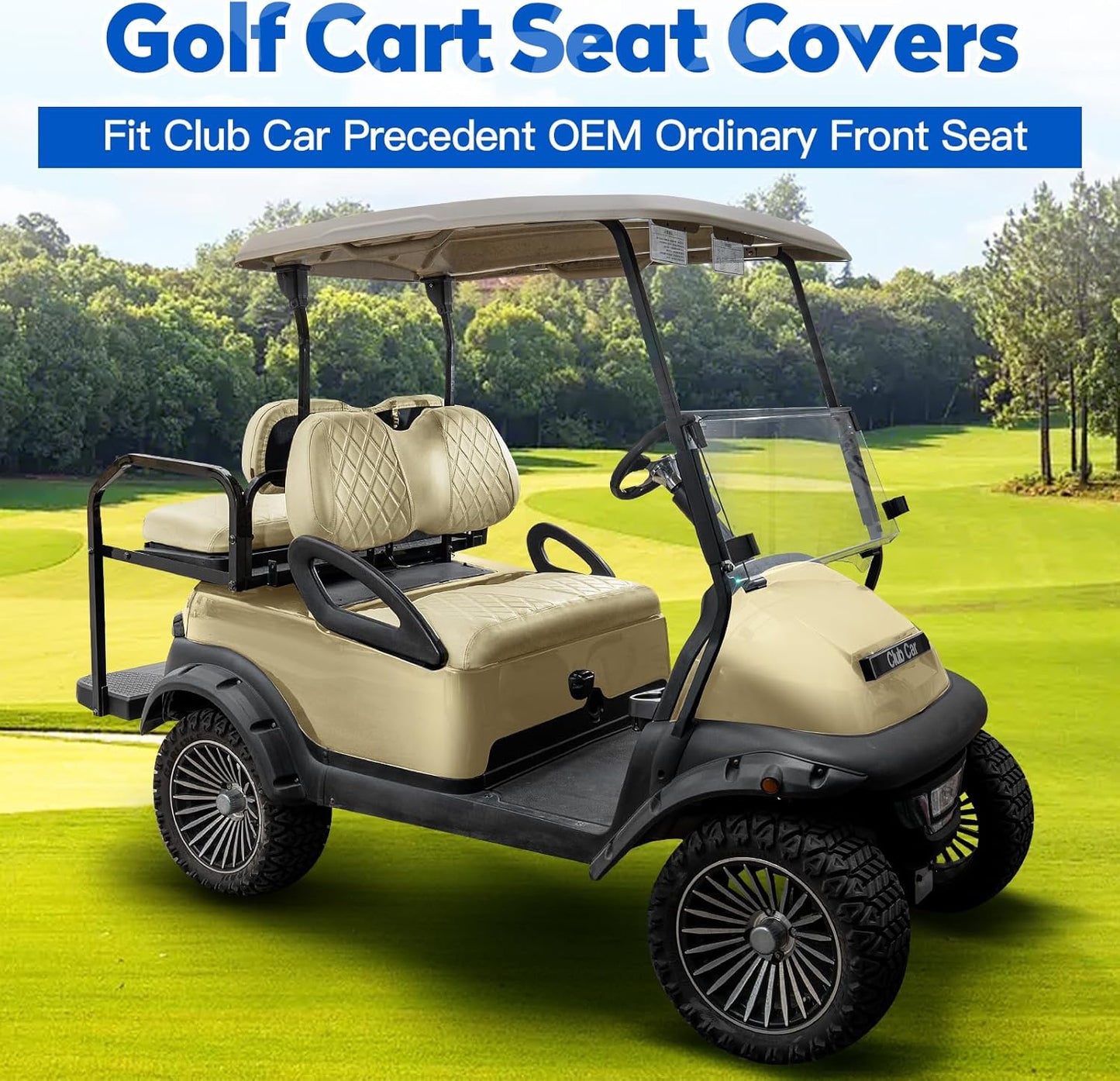 NOKINS 4PCS Golf Cart Seat Covers Kit, Front and Rear Seat Covers Fits Club Car Precedent Standard Seat Cushion, Club Car Vinyl Diamond Seat Covers Accessories, No Staples (Buff)