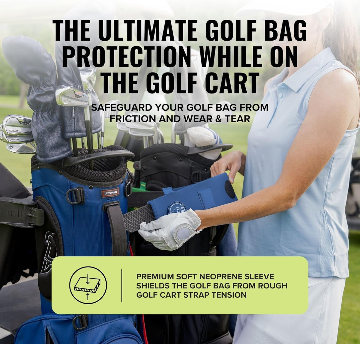 Stripebird - Premium Golf Cart Strap Sleeve Protector - Save Your Golf Bag from Golf Cart Straps - Includes Magnetic and Steel Plate for Magnetic Golf Accessories