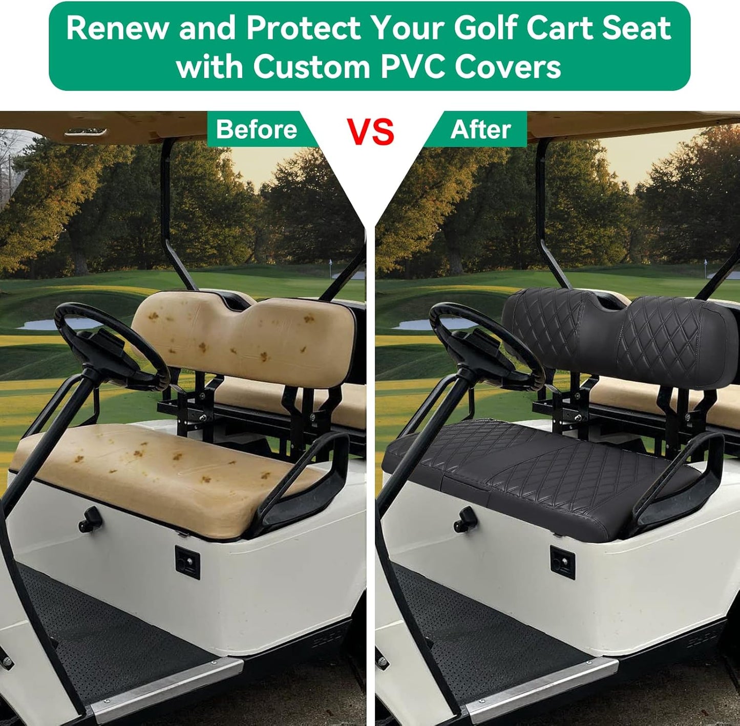 iLSKW Golf Cart Seat Cover for EZGO TXT/RXV Front Seat, PVC Thick Leather Universal Luxuary Feeling Shape Keep Seat Warm & Clean, Bench Seat Covers Breathable Washable Detachable