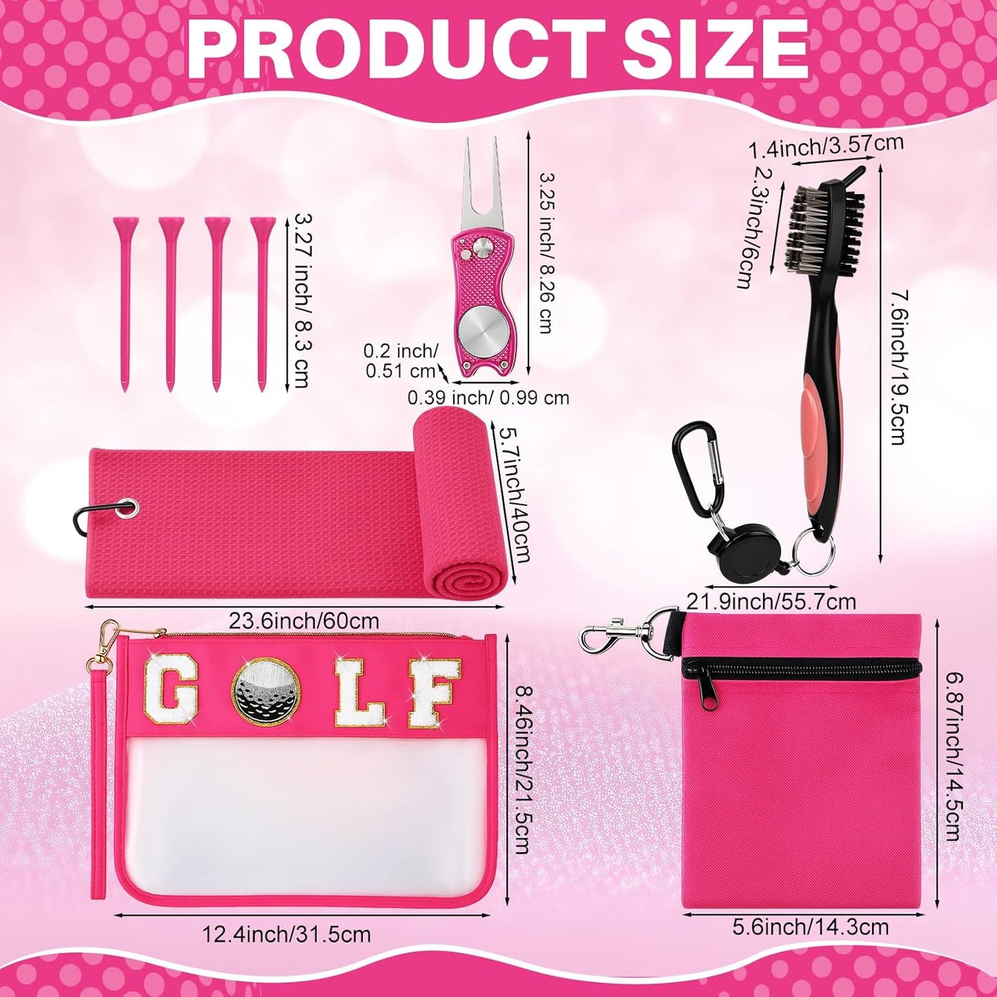 9 Pcs Golf Accessories Kit Included Golf Tees Towel Divot Tool Cleaner Brush Ball Bag PVC Makeup Bag with Chenille Letter Patch for Women Men Christmas Birthday Retirement Gifts