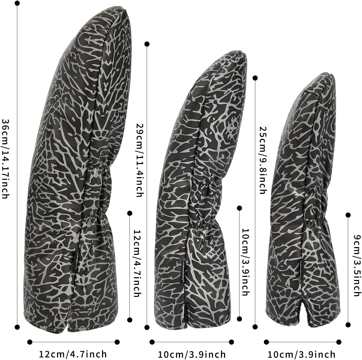 Golf Driver Head Covers 3-Pack for Men & Women - Premium PU Leather with Elephant Embroidery, Double Elastic Band (Driver/Fairway/Hybrid), Waterproof & Durable - White Grey or Black Grey