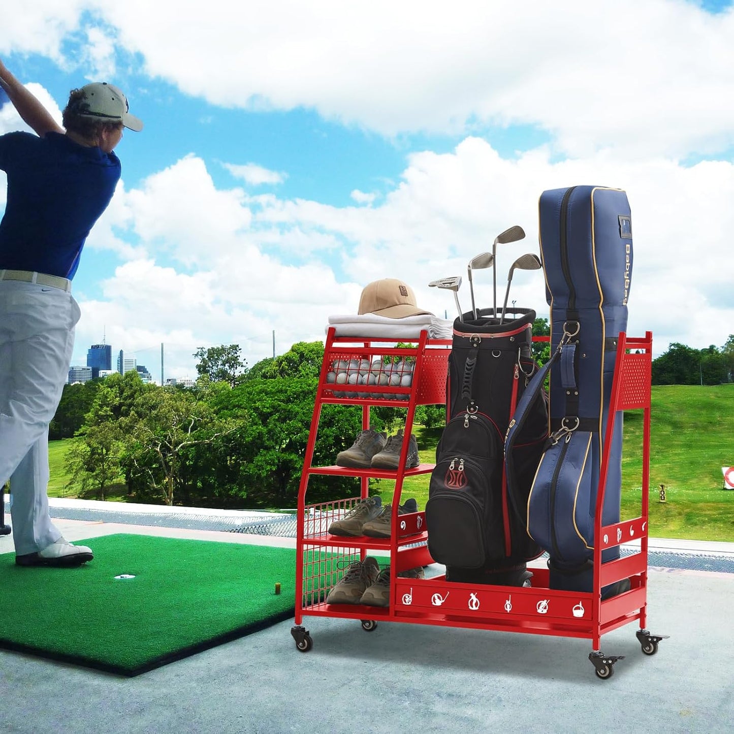 Lauren&Harold Golf Bag Organizer Garage Storage, Golf Storage Rack Stand Fits 2 Golf Bags, Golf Clubs and Other Golfing Equipment Accessories, Golf Organizer for Garage, Club, Shed, Basement