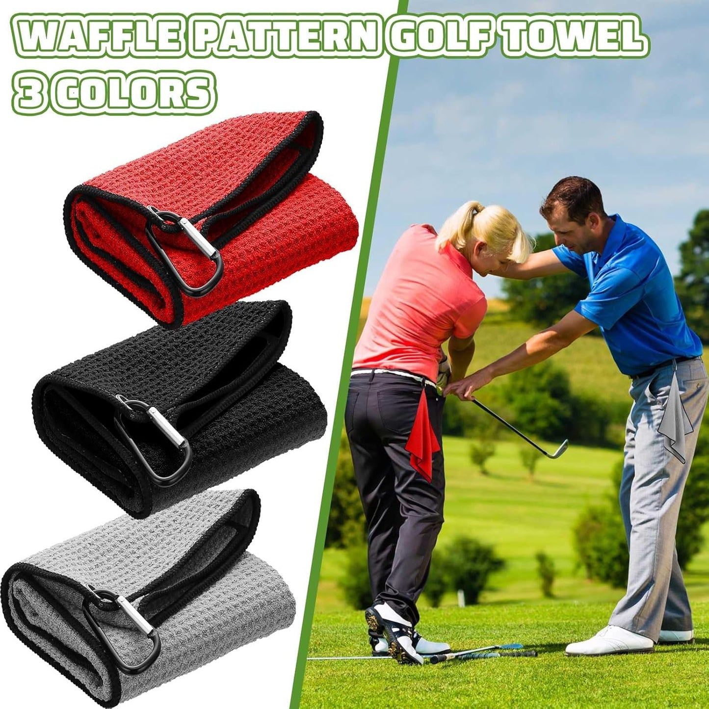 Batiyeer Golf Towels Bulk for Bags 16'' x 24'' Microfiber Waffle Pattern Golf Towels Trifold with Clip for Hiking,Tournament, Yoga