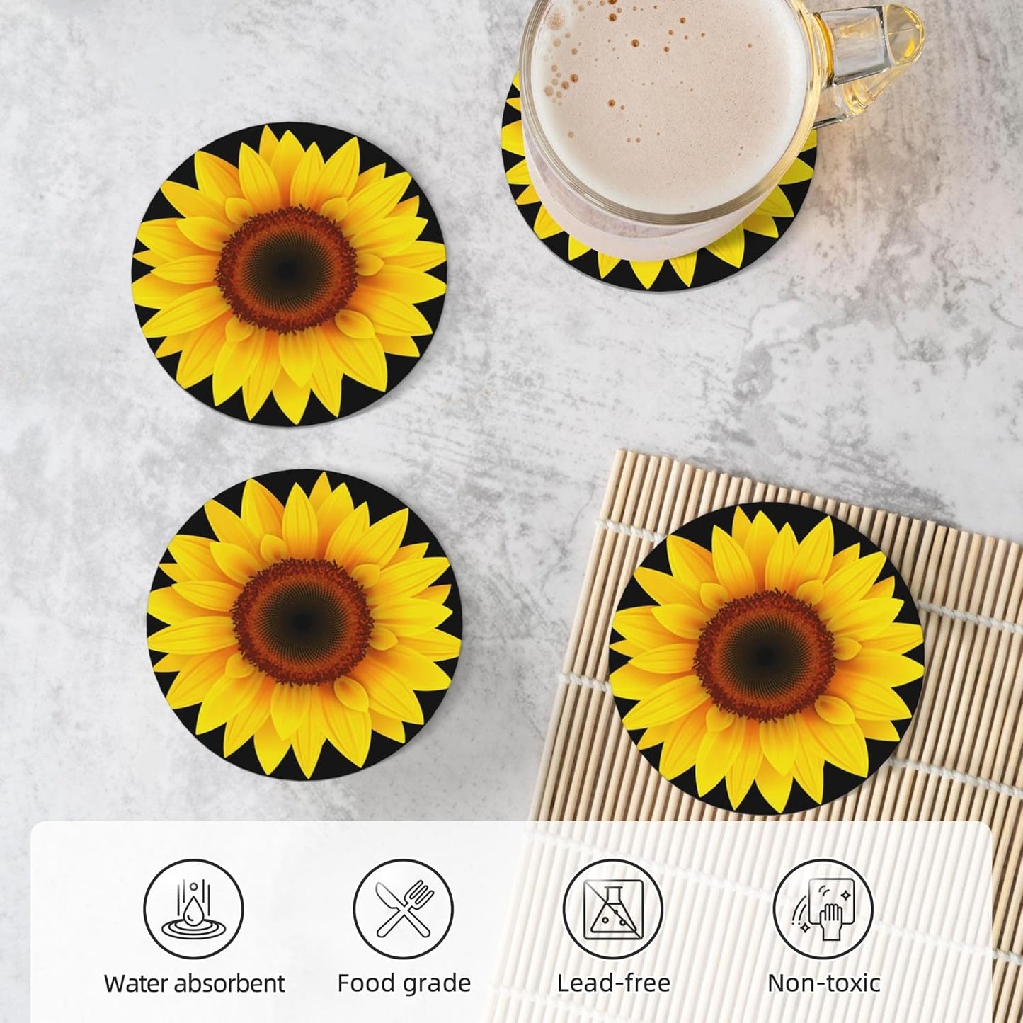 Sunflower Yellow Sun Flower Coasters for Drinks Set of 4, Absorbent Ceramic Drink Coasters for Coffee Table Wooden Table Cup Bar, 4 Inches