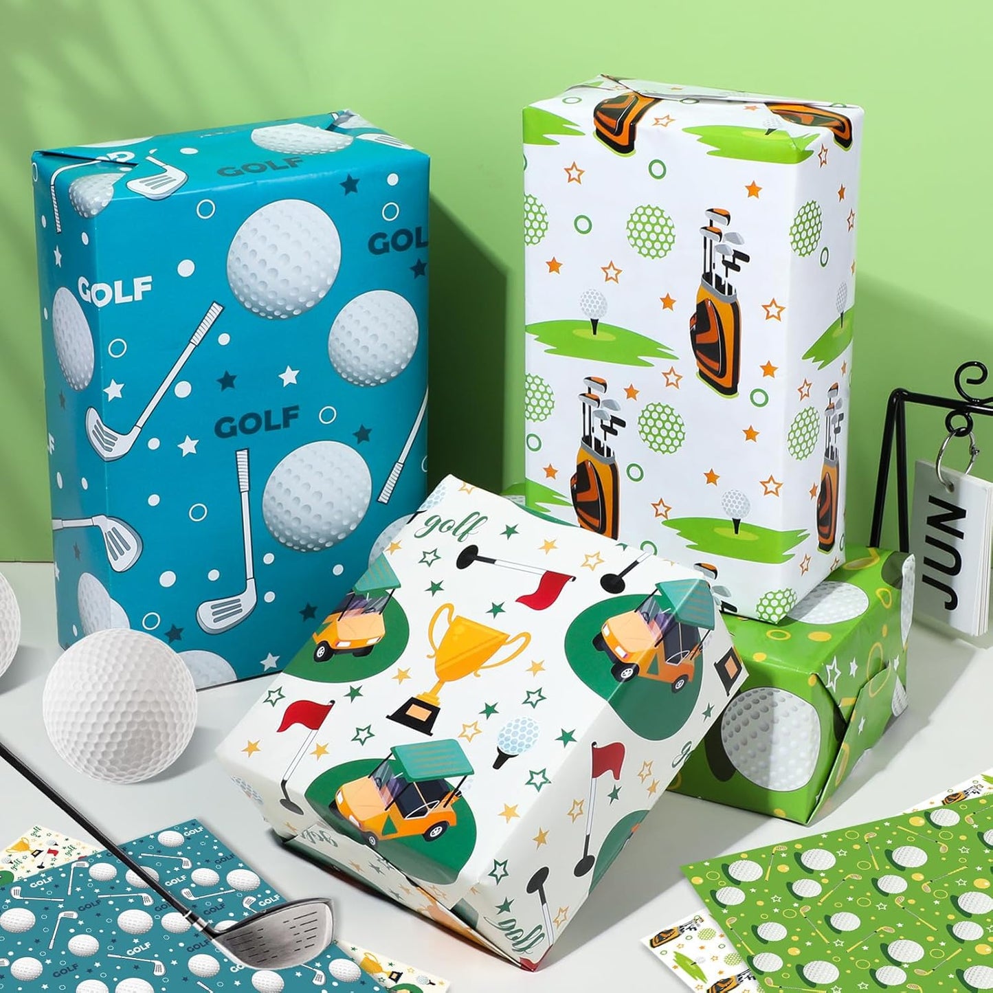 Golf Cart Bag Design Wrapping Paper - 12 Sheets Blue Green Golfing Gift Wrap Sports Themed Gifts for Birthday, Holiday - 20" x 28