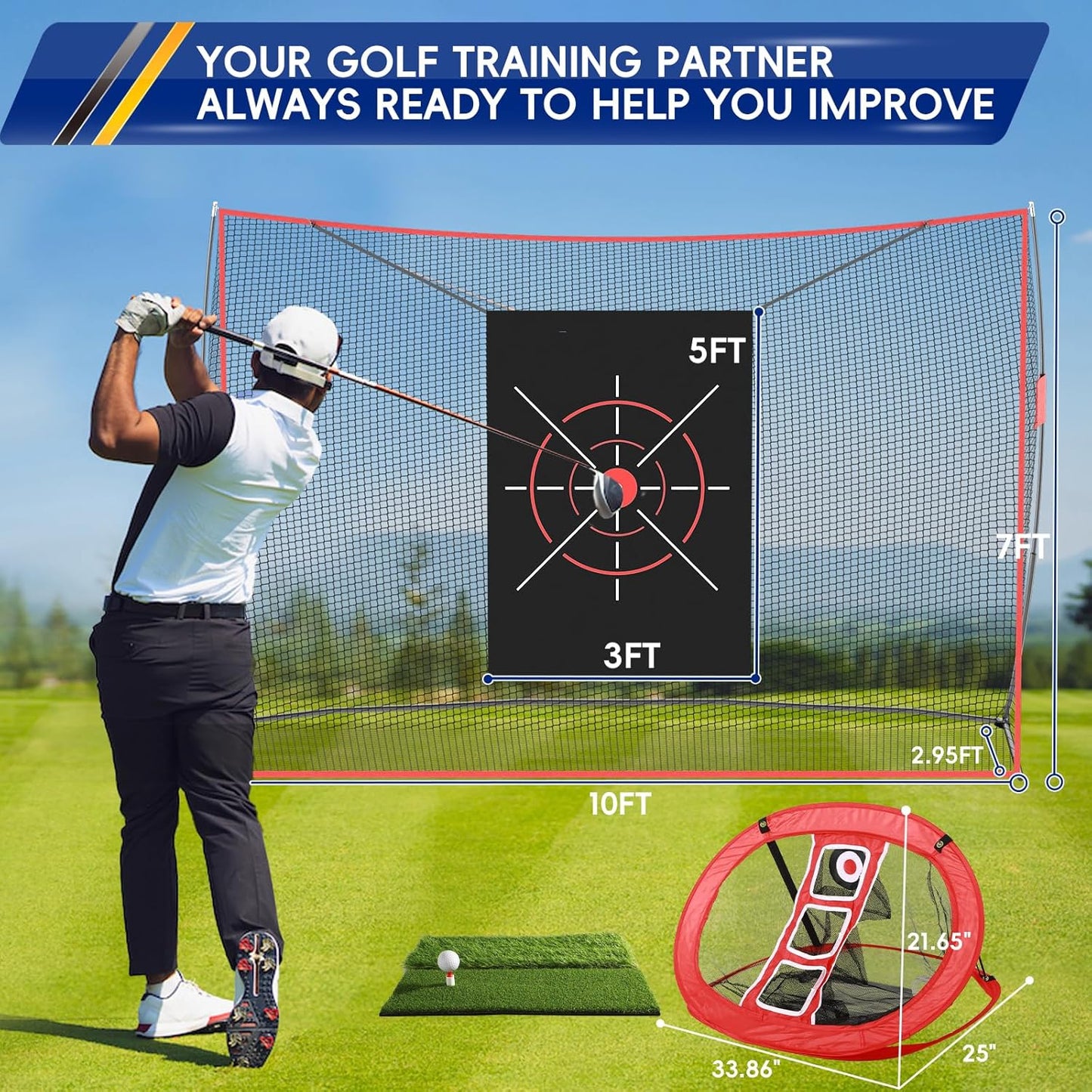GCCSJ Golf Net, Practice Net,10 x 7ft Heavy Duty Golf Practice Net with Chipping Practice Net, Training Net for Backyard Driving Chipping Indoor Outdoor Training