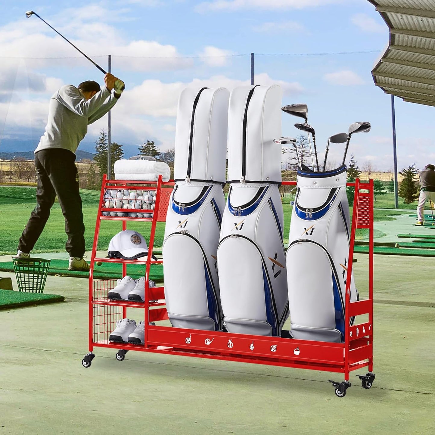 Lauren&Harold Golf Bag Organizer Garage Storage, Golf Storage Rack Stand Fits 2 Golf Bags, Golf Clubs and Other Golfing Equipment Accessories, Golf Organizer for Garage, Club, Shed, Basement