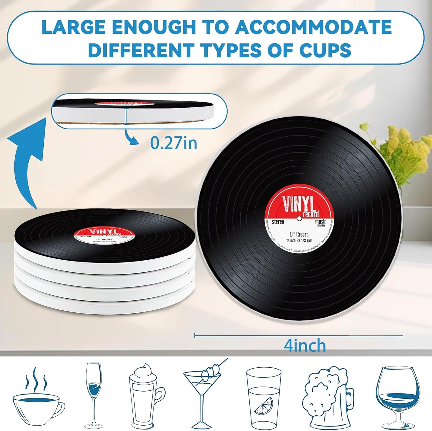 Drinks Coasters Set of 4, Old Record Player Music Round 4" Cup Coasters, Absorbent Ceramic Stone Coasters with Cork Base, Cute Coasters for Table Home Décor, Ideal Gifts for Women Men